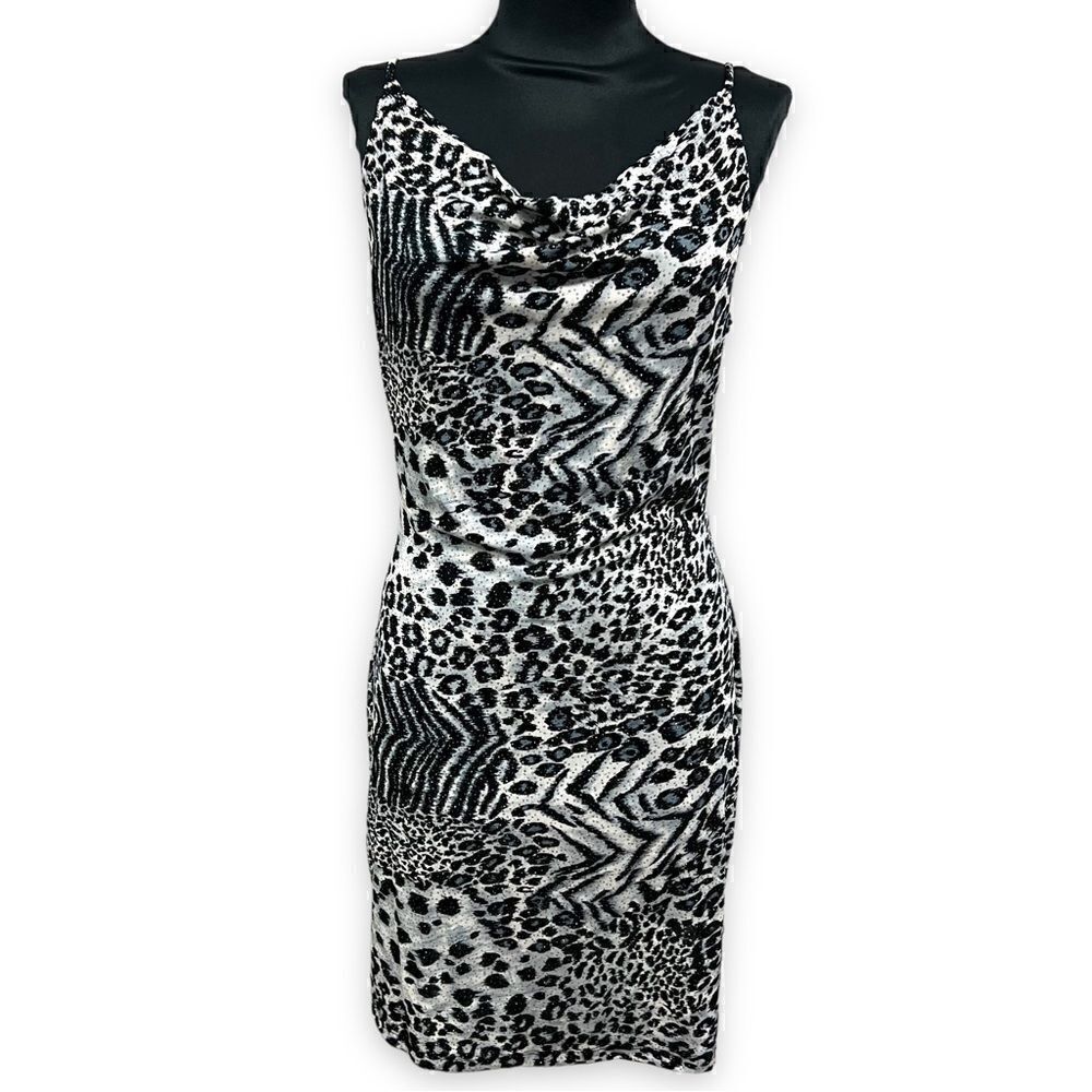 Perceptions PS silver sparkly animal print dress sz L cowl neck NWT vintage y2k